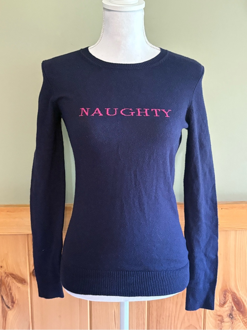 New Lilly Pulitzer Estelle Sweater in True Navy w/Pink "NAUGHTY" Embroidery XS